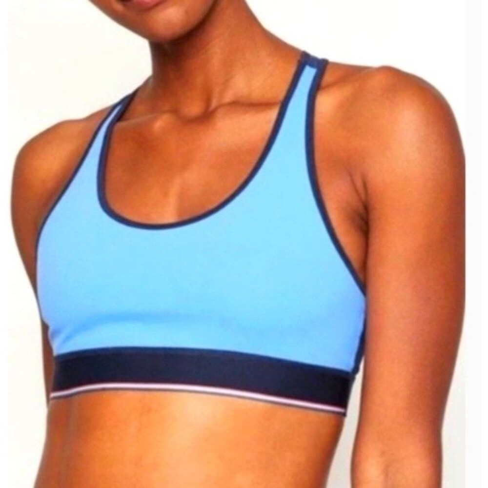 FOUR Women's Sports Bra Size S Light Blue/Navy Colorblock Racerback Wireless
